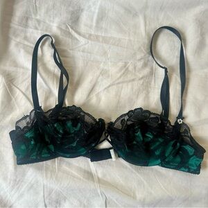 Victoria's Secret Black Lace Overlay Bra with Emerald Satin vintage